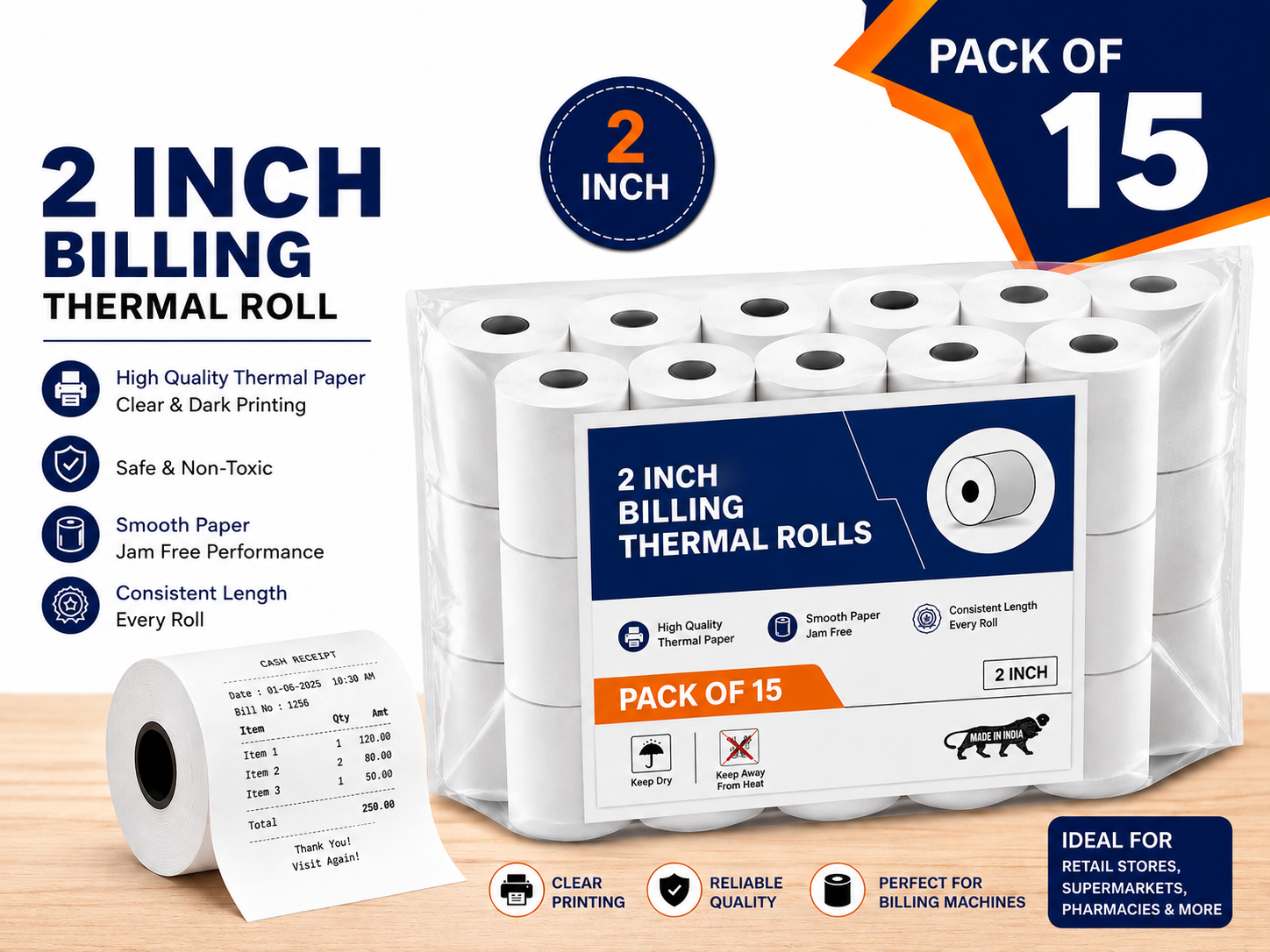 ATHAVAN PAPERS Thermal Billing Rolls 2 Inch (58mm x 15 m), Pack of 15, POS Receipt Paper, Jam Free
