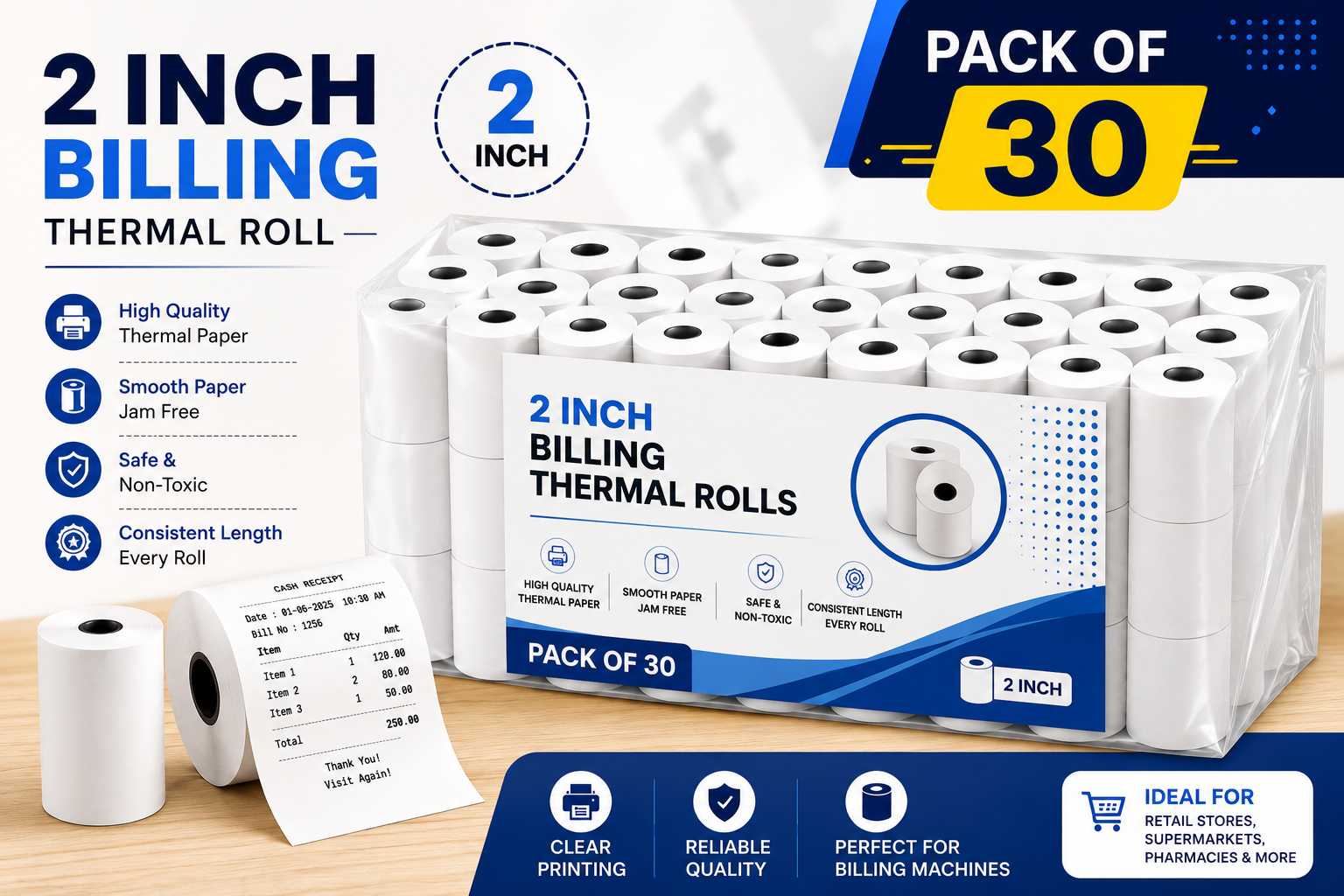 ATHAVAN PAPERS Thermal Billing Rolls 2 Inch (58mm x 15 m), Pack of 30, POS Receipt Paper, Jam Free