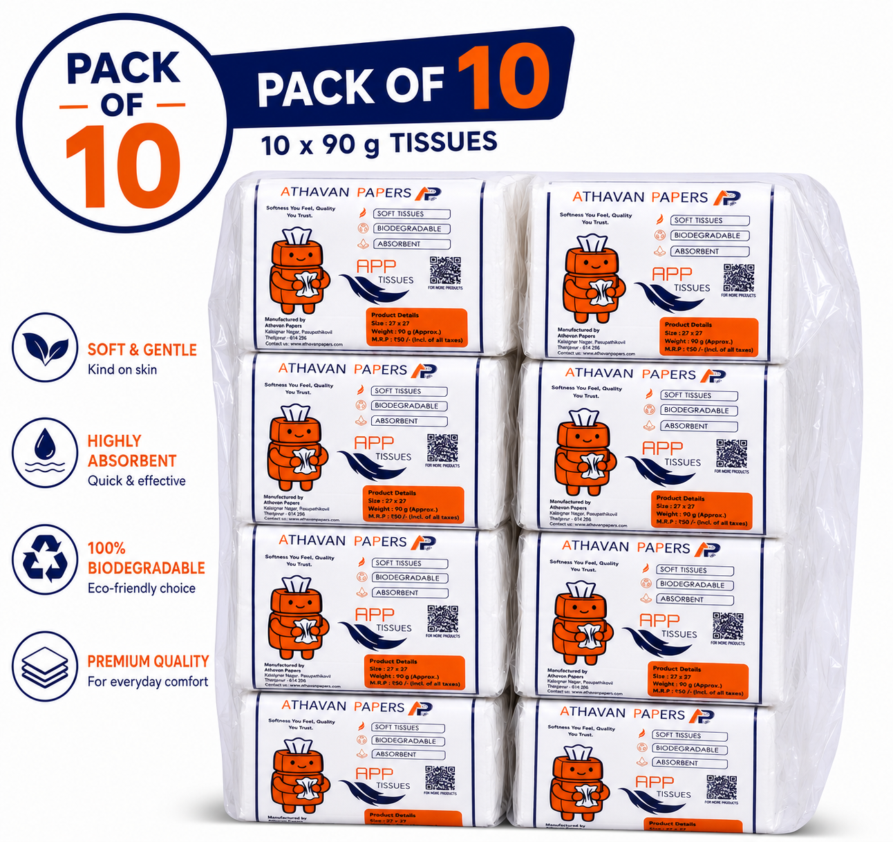 ATHAVAN PAPERS APP Premium Facial Tissues - Soft & Gentle, Highly Absorbent, Biodegradable, 27x27 cm, 90 g (Pack of 10)