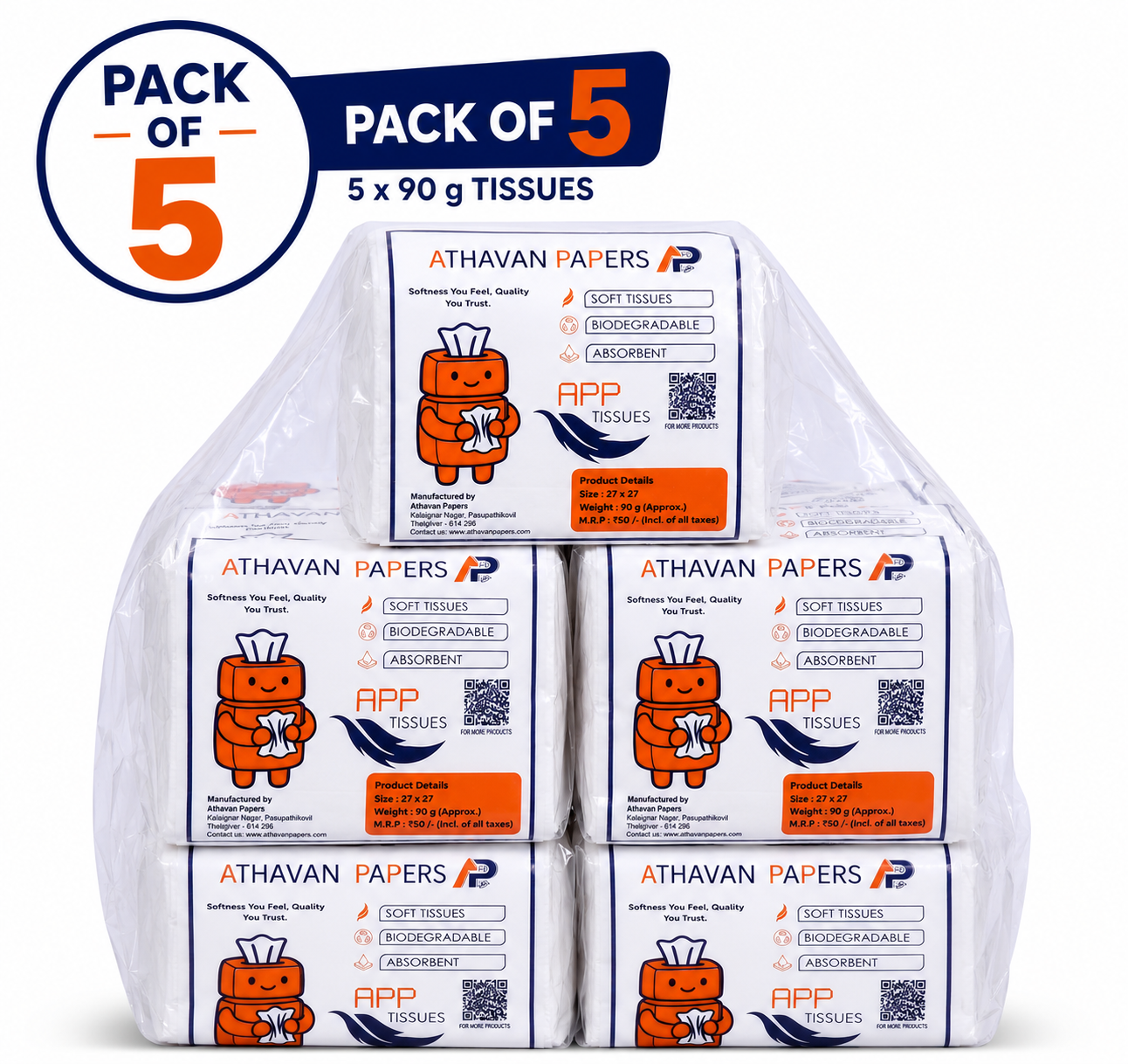 ATHAVAN PAPERS APP Premium Facial Tissues - Soft & Gentle, Highly Absorbent, Biodegradable, 27x27 cm, 90 g (Pack of 5)