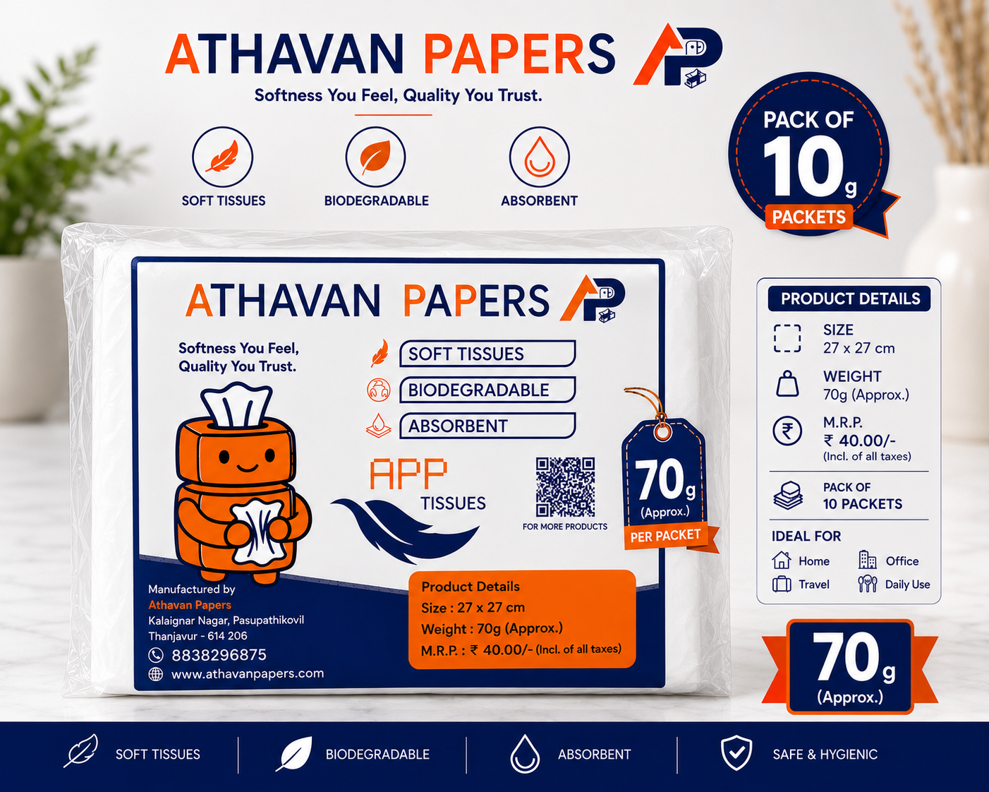 ATHAVAN PAPERS APP Premium Facial Tissues - Soft & Gentle, Highly Absorbent, Biodegradable, 27x27 cm, 70 g (Pack of 10)
