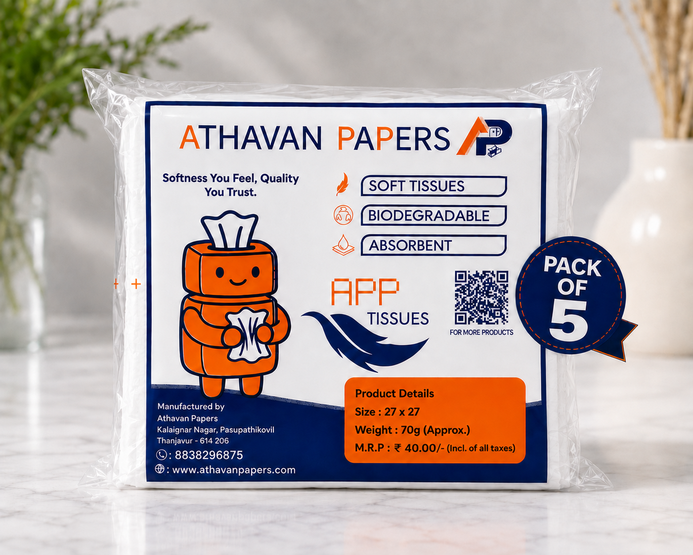 ATHAVAN PAPERS APP Premium Facial Tissues - Soft & Gentle, Highly Absorbent, Biodegradable, 27x27 cm, 70 g (Pack of 5)