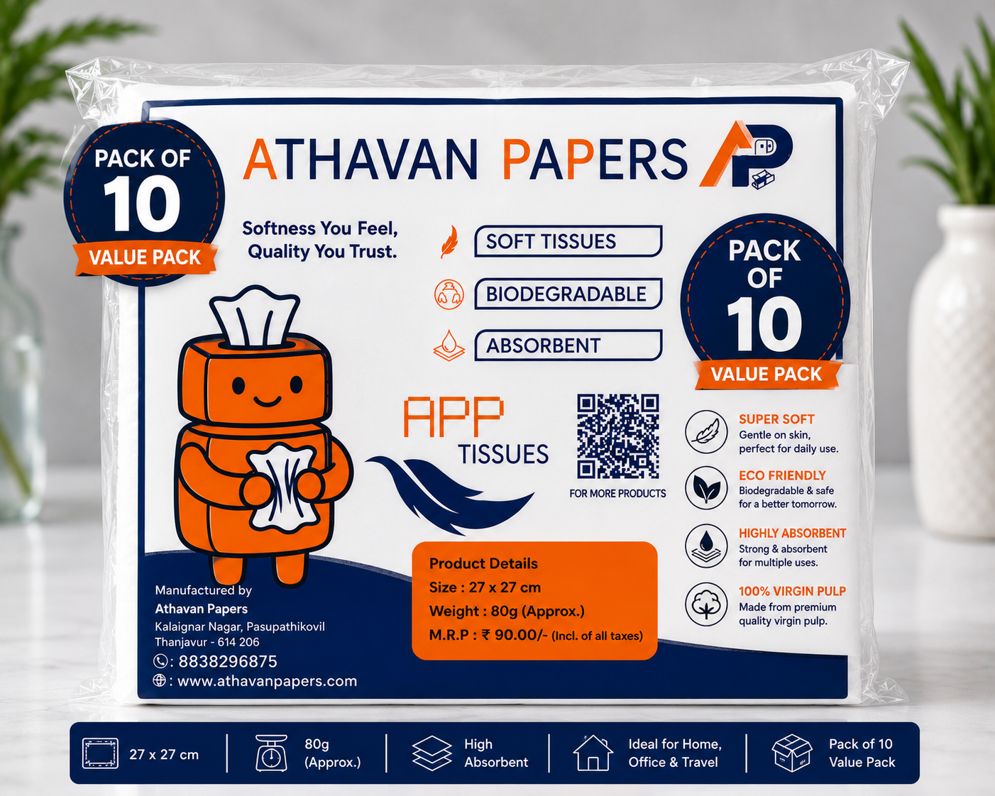 ATHAVAN PAPERS APP Premium Facial Tissues - Soft & Gentle, Highly Absorbent, Biodegradable, 27x27 cm, 80 g (Pack of 10)