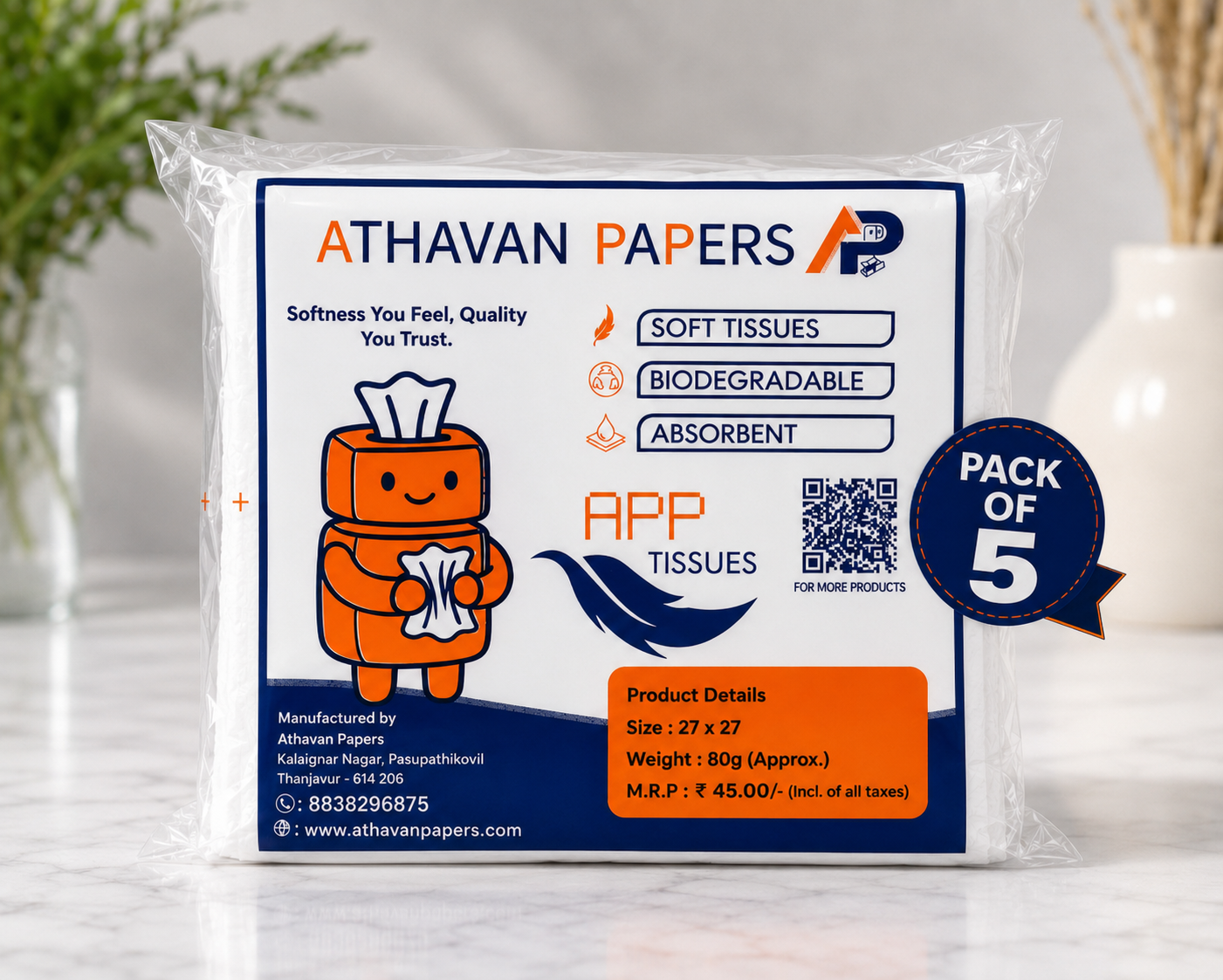 ATHAVAN PAPERS APP Premium Facial Tissues - Soft & Gentle, Highly Absorbent, Biodegradable, 27x27 cm, 80 g (Pack of 5)